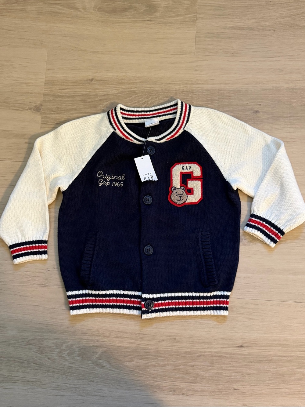 GAP bear Navy & Cream Letterman Knit Cardigan with Red Trim